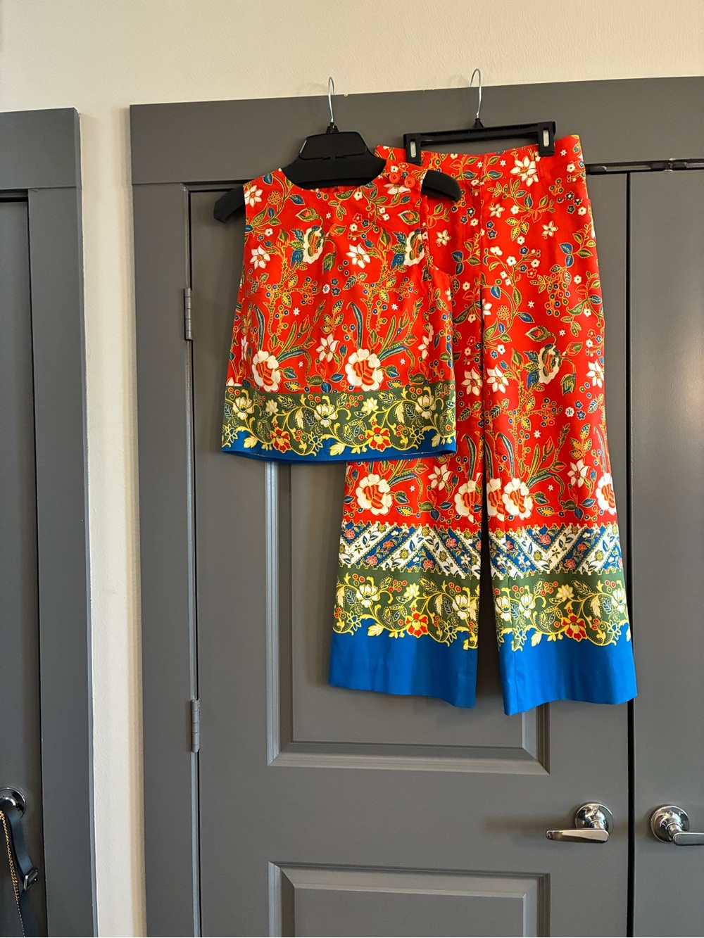 Tory Burch Orange Floral Print Top with Matching Flared Pants
